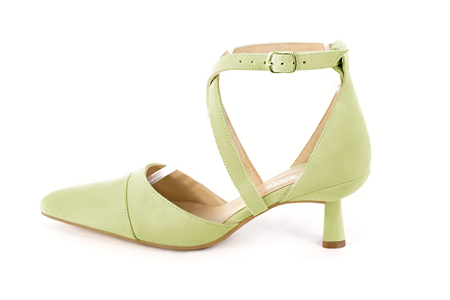 Meadow green women's open side shoes, with crossed straps. Tapered toe. Medium spool heels. Profile view - Florence KOOIJMAN